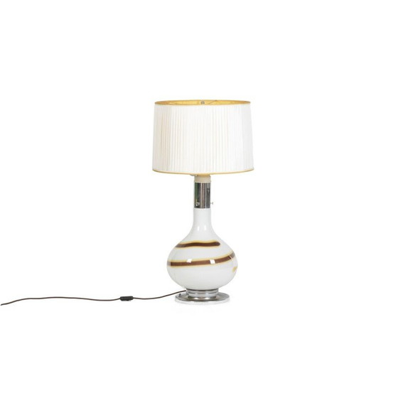 Image 1 of Vintage white glass lamp decorated with a brown and yellow spiral, Italy 1970