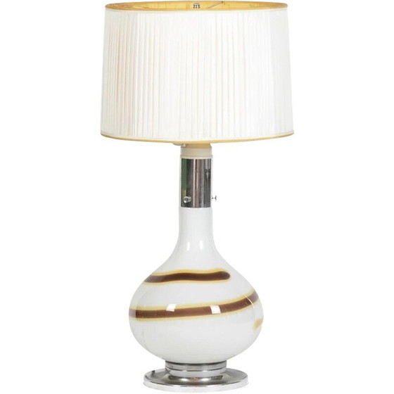 Image 1 of Vintage white glass lamp decorated with a brown and yellow spiral, Italy 1970
