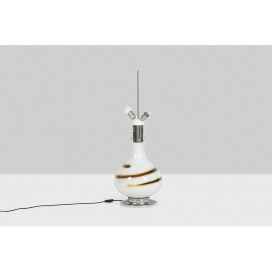 Image 1 of Vintage white glass lamp decorated with a brown and yellow spiral, Italy 1970
