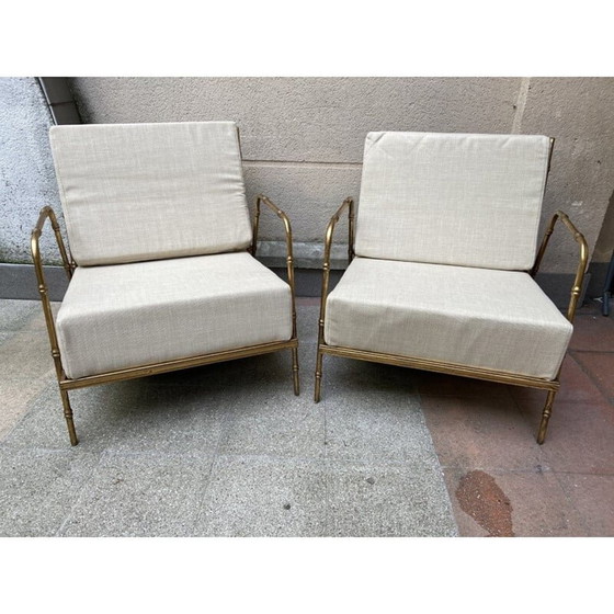 Image 1 of Pair of vintage wood and fabric armchairs