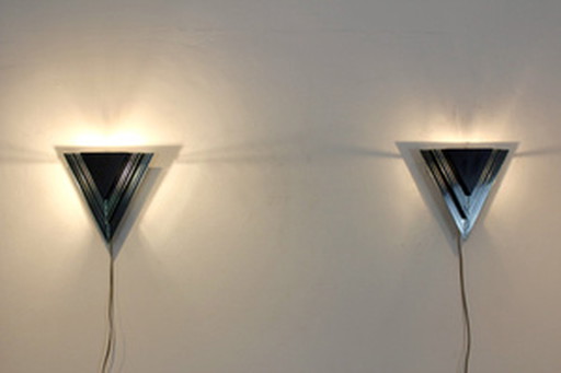 2x dutch modern glass & steel triangular wall sconces