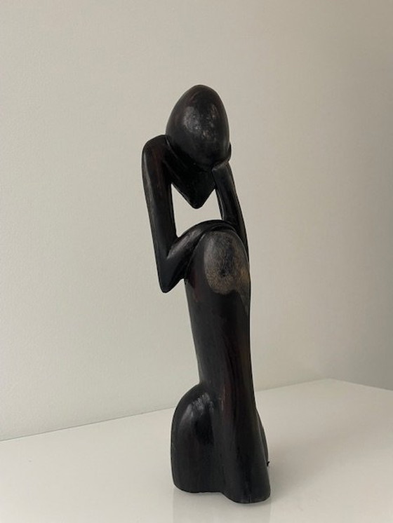 Image 1 of Stylized Statue Le Penseur/The Thinker Solid Wood Carving