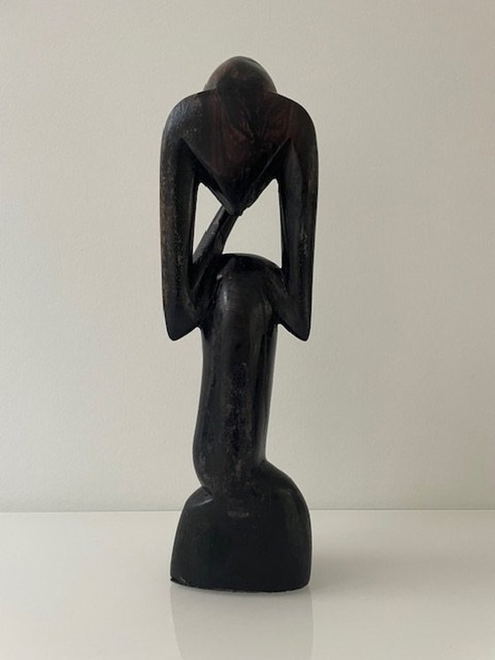 Image 1 of Stylized Statue Le Penseur/The Thinker Solid Wood Carving