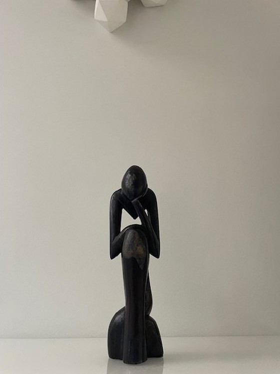 Image 1 of Stylized Statue Le Penseur/The Thinker Solid Wood Carving