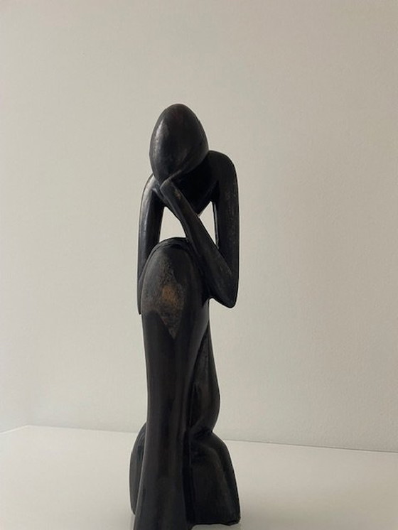 Image 1 of Stylized Statue Le Penseur/The Thinker Solid Wood Carving