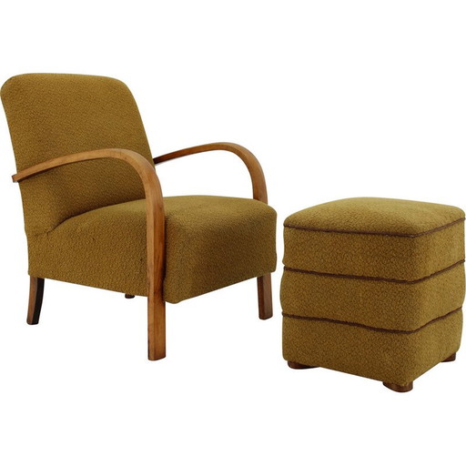 Vintage H-213 armchair with stool by Jindrich Halabala, Czechoalsovakia 1940s