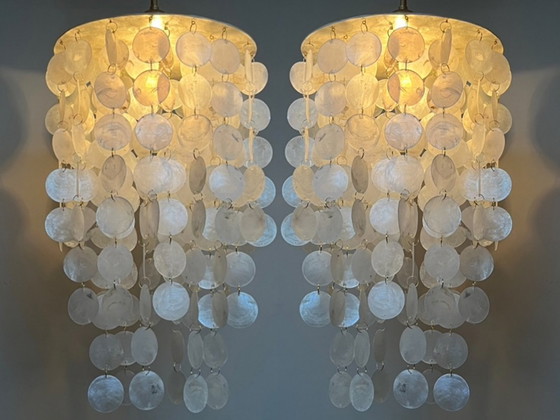 Image 1 of Set Of 2 Capiz Shell Pendant Lamps Pearl Shell Gold Details ! Luxury Execution