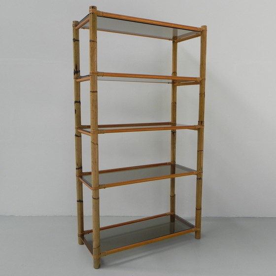 Image 1 of Bamboo Display Case With 5 Smoked Glass Shelves