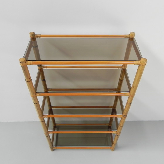 Image 1 of Bamboo Display Case With 5 Smoked Glass Shelves