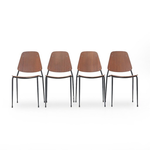  4 Chairs With Seat And Back In Curved Plywood, 1960S