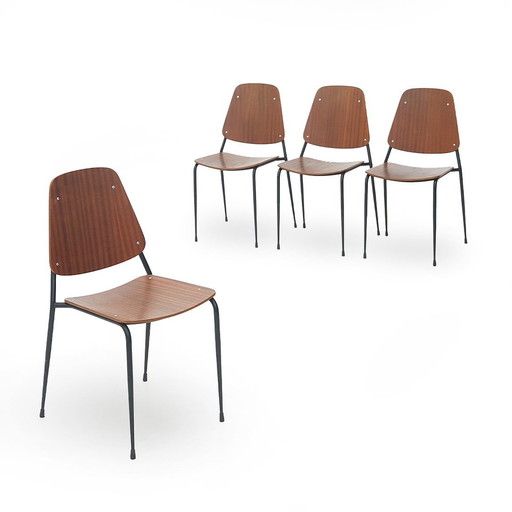  4 Chairs With Seat And Back In Curved Plywood, 1960S