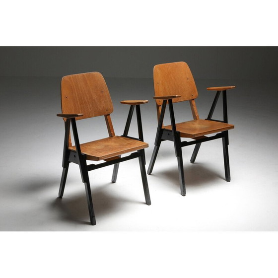 Image 1 of Set of 6 vintage plywood and ebonized wood armchairs by Ermeloo Zwager, Netherlands 1950