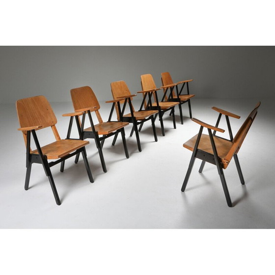 Image 1 of Set of 6 vintage plywood and ebonized wood armchairs by Ermeloo Zwager, Netherlands 1950