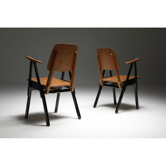 Image 1 of Set of 6 vintage plywood and ebonized wood armchairs by Ermeloo Zwager, Netherlands 1950