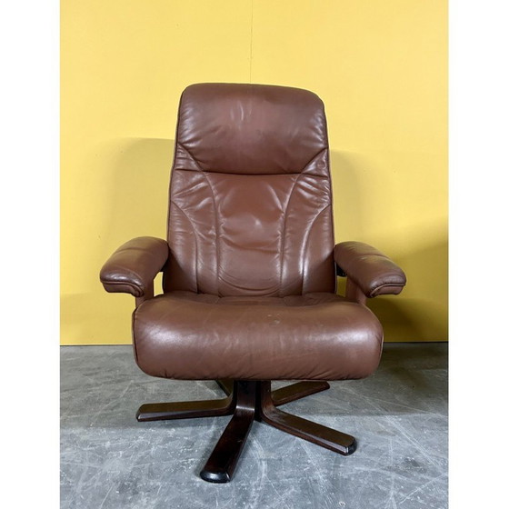 Image 1 of Danish vintage brown leather swivel armchair, 1970s
