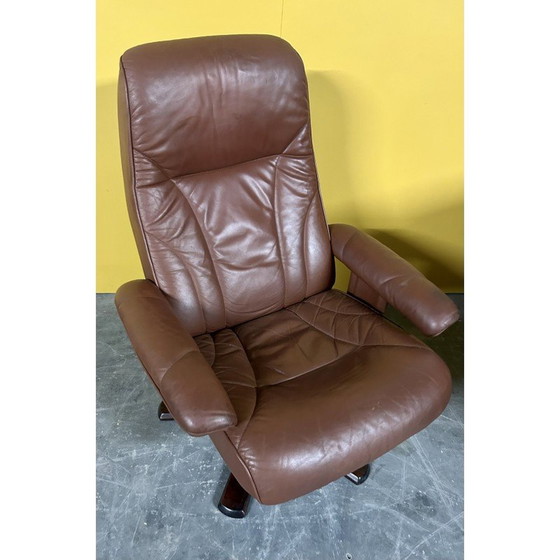 Image 1 of Danish vintage brown leather swivel armchair, 1970s