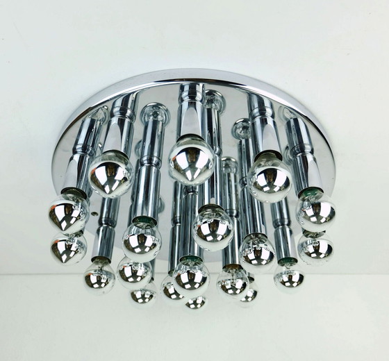 Image 1 of large round 1970s CEILING FIXTURE sputnik chrome space age lamp