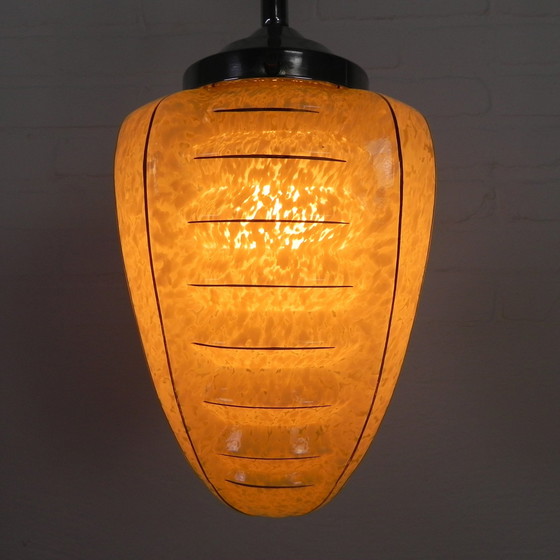 Image 1 of Art Deco Pendant Lamp With Glass Shade With Ribs, 1930s