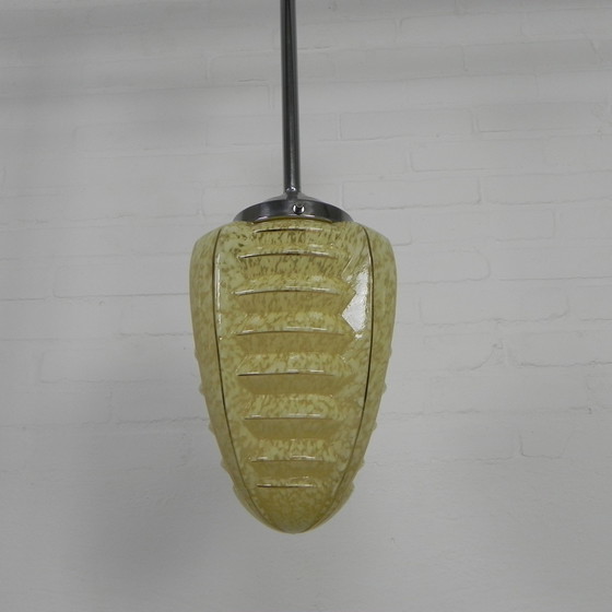 Image 1 of Art Deco Pendant Lamp With Glass Shade With Ribs, 1930s