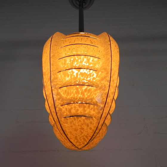 Image 1 of Art Deco Pendant Lamp With Glass Shade With Ribs, 1930s