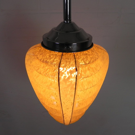 Image 1 of Art Deco Pendant Lamp With Glass Shade With Ribs, 1930s