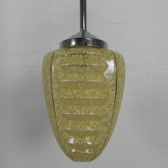 Image 1 of Art Deco Pendant Lamp With Glass Shade With Ribs, 1930s