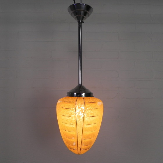 Image 1 of Art Deco Pendant Lamp With Glass Shade With Ribs, 1930s