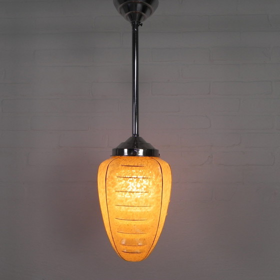 Image 1 of Art Deco Pendant Lamp With Glass Shade With Ribs, 1930s