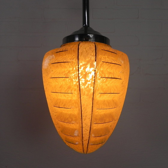 Image 1 of Art Deco Pendant Lamp With Glass Shade With Ribs, 1930s