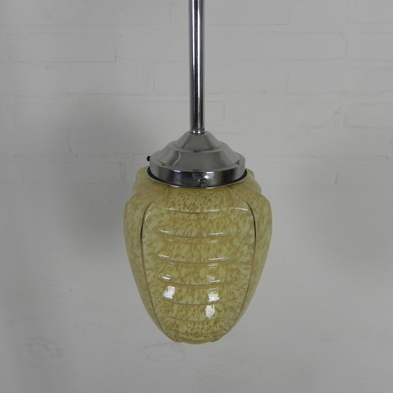 Image 1 of Art Deco Pendant Lamp With Glass Shade With Ribs, 1930s