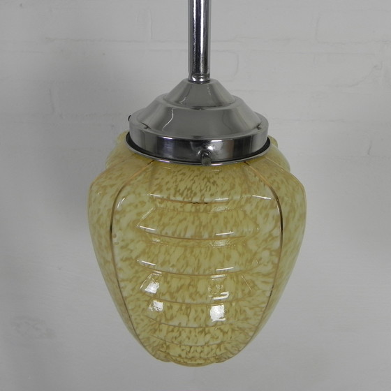 Image 1 of Art Deco Pendant Lamp With Glass Shade With Ribs, 1930s