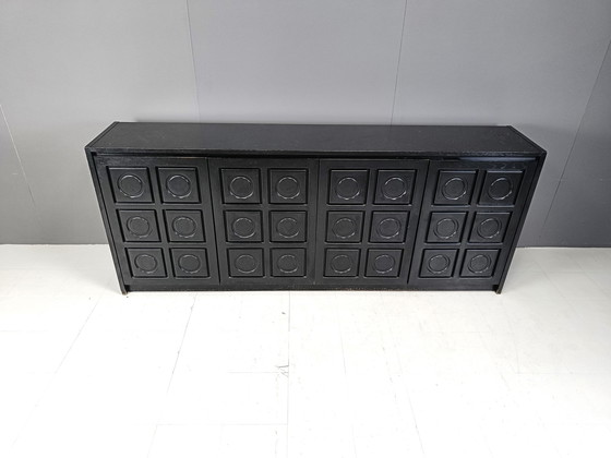 Image 1 of Black brutalist credenza, 1970s - vintage brutalist credenza - graphical brutalist credenza