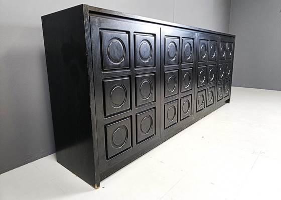 Image 1 of Black brutalist credenza, 1970s - vintage brutalist credenza - graphical brutalist credenza