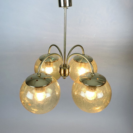 Image 1 of Vintage glass and brass chandelier with 4 arms