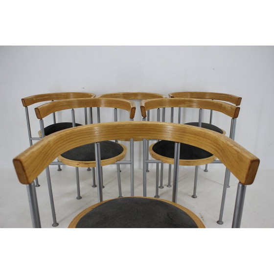 Image 1 of Set of 6 vintage wood and velvet chairs by Borge Lindau for Bla Station, Sweden 1990