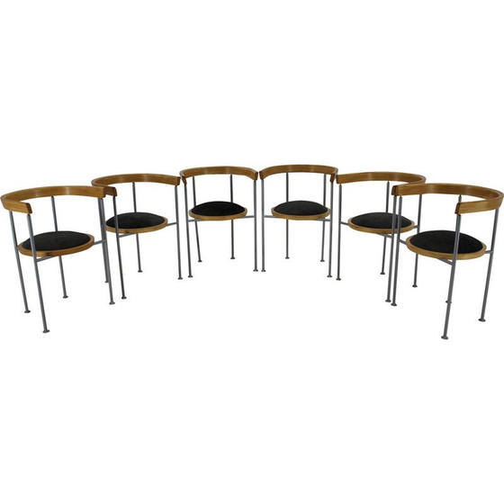 Image 1 of Set of 6 vintage wood and velvet chairs by Borge Lindau for Bla Station, Sweden 1990
