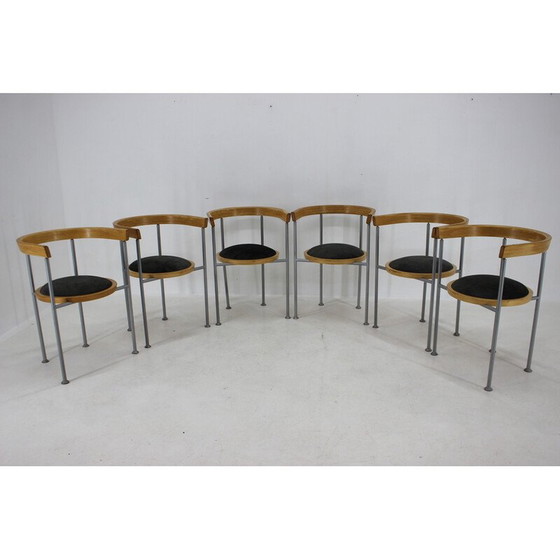 Image 1 of Set of 6 vintage wood and velvet chairs by Borge Lindau for Bla Station, Sweden 1990
