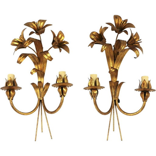 Pair of vintage gilded metal wall lamps, 1960