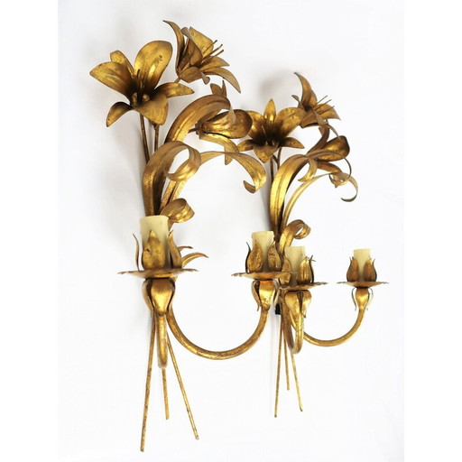 Pair of vintage gilded metal wall lamps, 1960