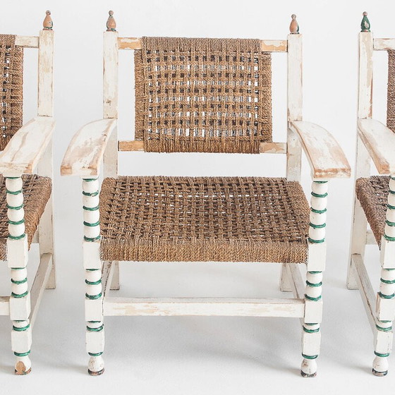 Image 1 of Set of 3 vintage armchairs in wood and braided rope with a matching table, Spain 1960
