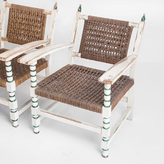 Image 1 of Set of 3 vintage armchairs in wood and braided rope with a matching table, Spain 1960