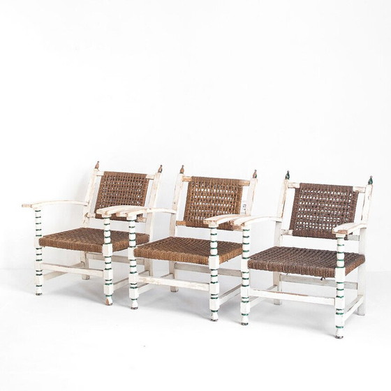 Image 1 of Set of 3 vintage armchairs in wood and braided rope with a matching table, Spain 1960