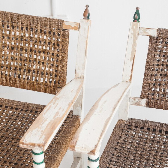 Image 1 of Set of 3 vintage armchairs in wood and braided rope with a matching table, Spain 1960