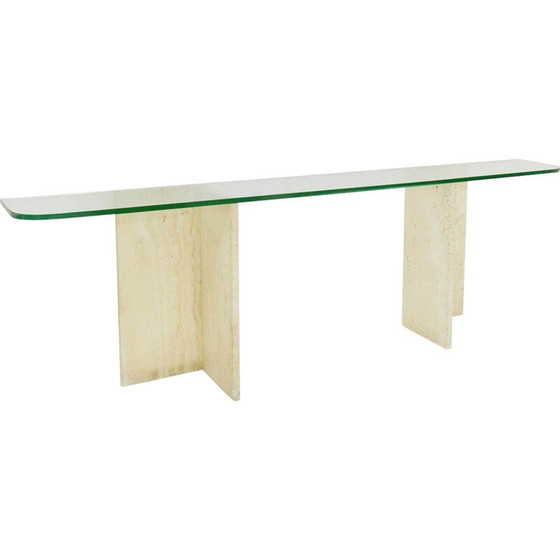 Image 1 of Italian vintage travertine and glass top console table, 1970s