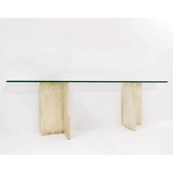 Image 1 of Italian vintage travertine and glass top console table, 1970s