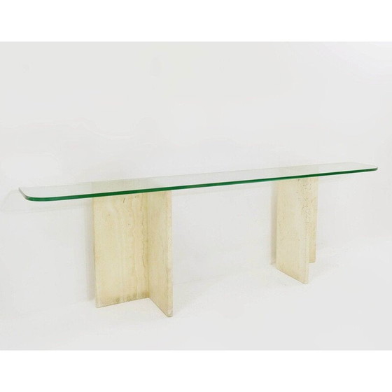 Image 1 of Italian vintage travertine and glass top console table, 1970s