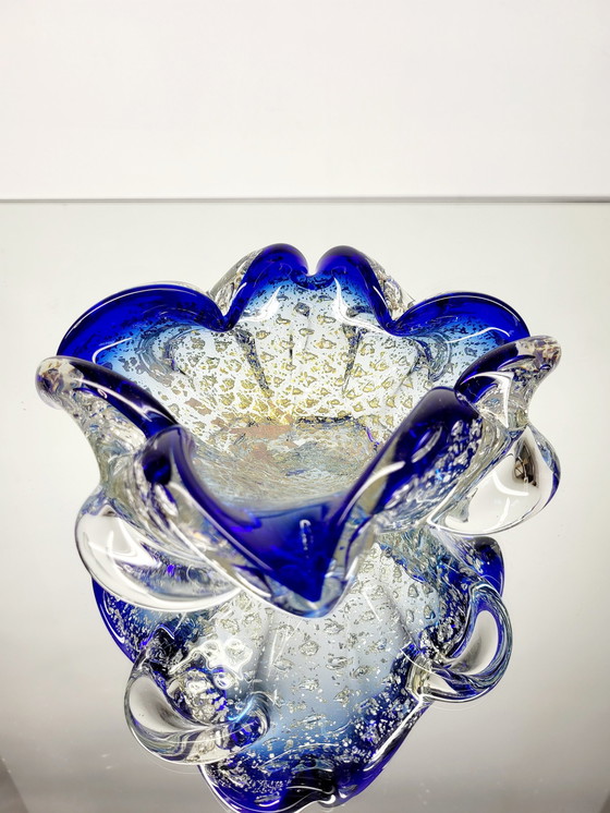 Image 1 of Murano Bowl, Organic Design Clear Murano Glass With 24 Carat Gold Leaf And Silverleaf, Italy