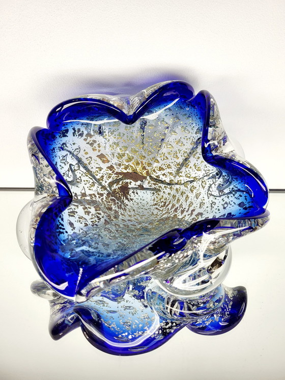 Image 1 of Murano Bowl, Organic Design Clear Murano Glass With 24 Carat Gold Leaf And Silverleaf, Italy