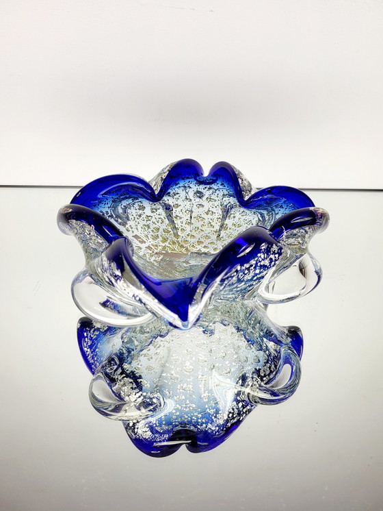 Image 1 of Murano Bowl, Organic Design Clear Murano Glass With 24 Carat Gold Leaf And Silverleaf, Italy