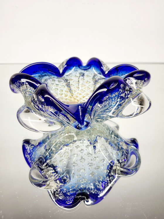 Image 1 of Murano Bowl, Organic Design Clear Murano Glass With 24 Carat Gold Leaf And Silverleaf, Italy